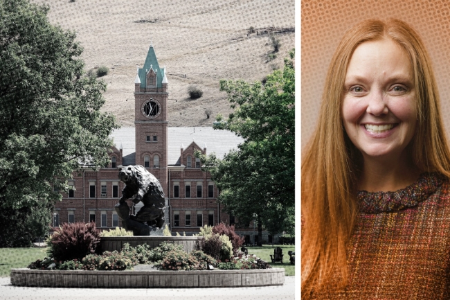 University of Montana Missoula summer campus scene showing University Hall and a portrait of Leslie Webb, vice provost of student success
