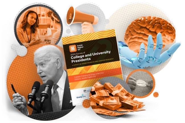 A photo illustration of themes from Inside Higher Ed's survey of college presidents.
