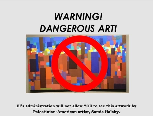 An abstract painting with a red circle and line through it with the words "Warning! Dangerous Art!" on it.