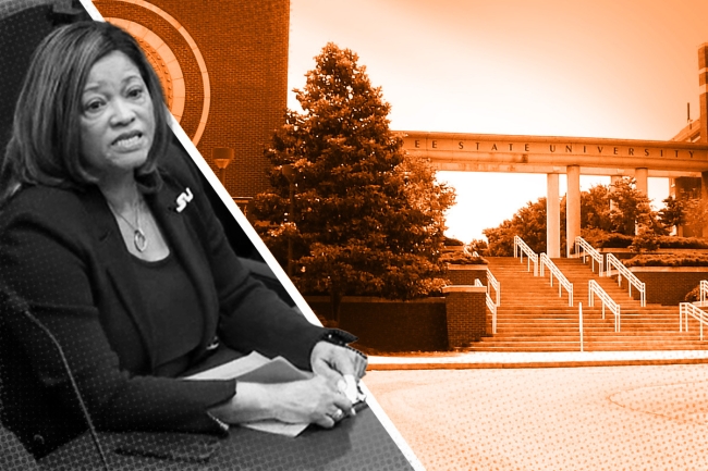 TSU board vice chair Pamela Brooks Martin and a photo of TSU's campus