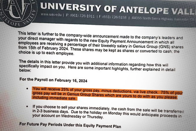 A highlighted text states employees will get 25% of their paycheck with the rest being paid in stock