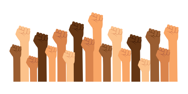 A graphic depicting 18 arms and fists, representing a variety of skin colors, pumped in the air in a gesture of solidarity.
