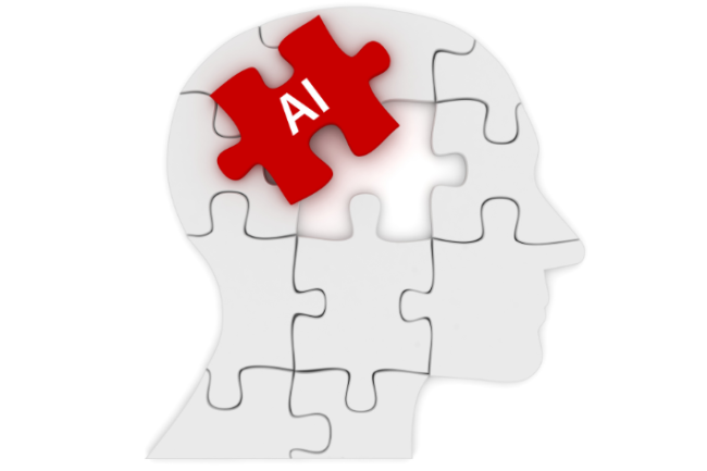 A drawing of a human brain made of gray jigsaw puzzle pieces with a single red piece that bears the acronym "AI," illustrating the concept of artificial intelligence.