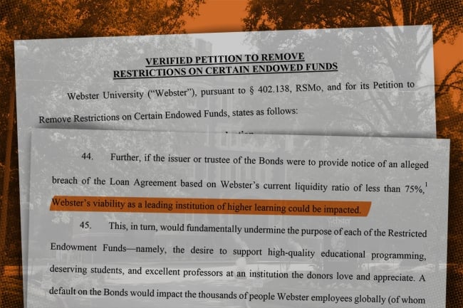 A photo illustration of court documents filed by Webster University.