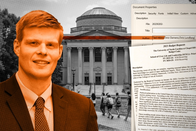 A photo illustration combining photos of Jed Atkins, Chapel Hill's campus and a budget memo that shows his name on it.