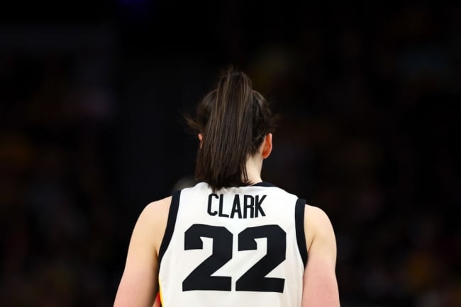 A photo of the back of Caitlin Clark wearing her University of Iowa basketball jersey