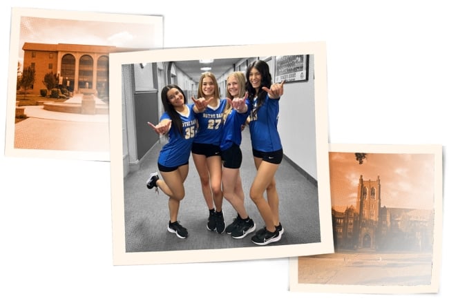 Photos of Alderson Broaddus and Notre Dame College’s campus; in the middle, four young women wearing Notre Dame uniforms.