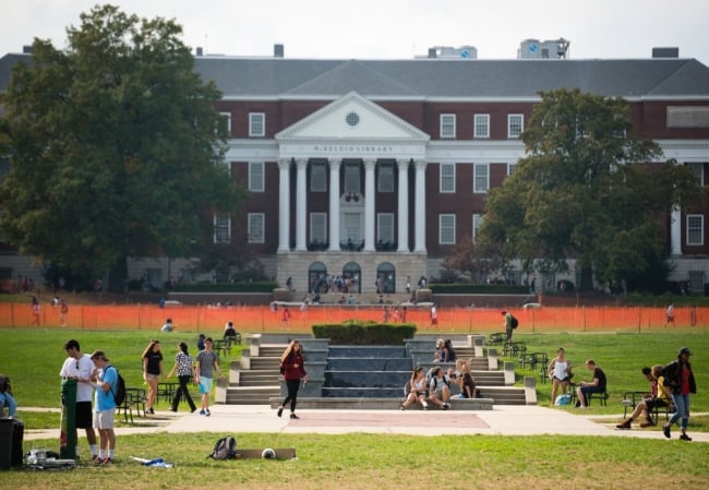 Students on the quad in front of McKeldin Mall on the University of Maryland’s campus
