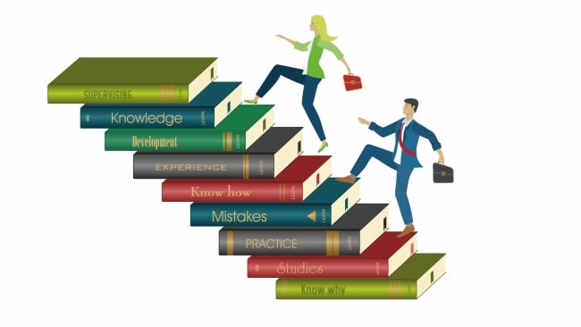Female and male student climbing up a pile of books with titles such as "experience" and "supervisor.”