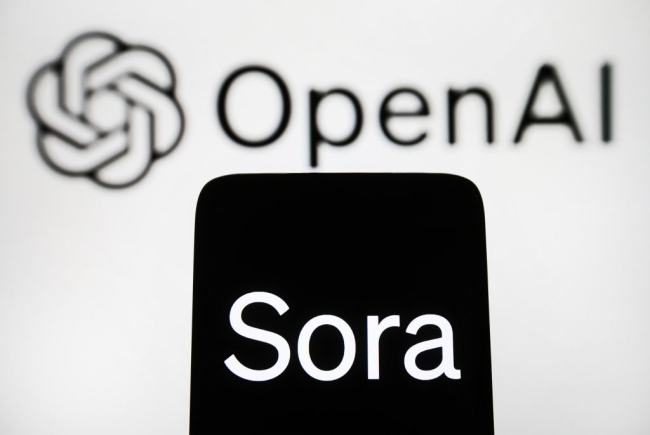 An illustration of a mobile phone bearing the name “Sora” below the OpenAI logo.