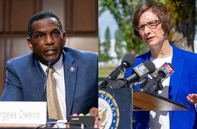 Representative Burgess Owens, a Black man wearing a blue suit, and Representative Suzanne Bonamici, a white woman wearing a blue blazer, both speak at microphones.