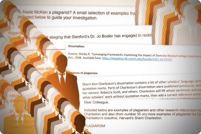 A photo illustration of silhouettes of men transposed over snippets of anonymous complaints against scholars and diversity, equity and inclusion officials.