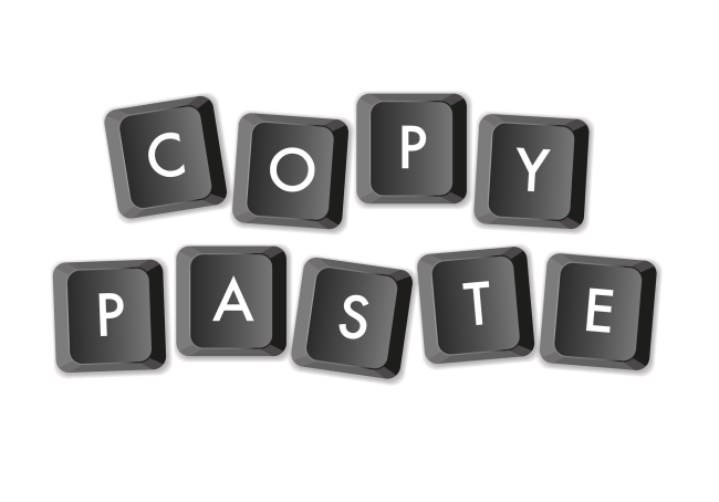 Computer keyboard keys float in the air against a white background, disconnected from one another, spelling out “COPY” and “PASTE.”