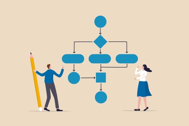 Two figures look at a blue flowchart, one of them is holding a pencil