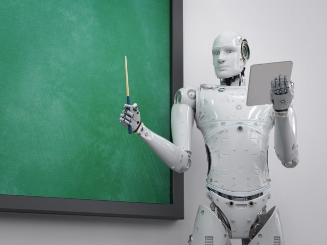 Cyborg man standing in front of a black (green) board and holding a pointer as if teaching a class