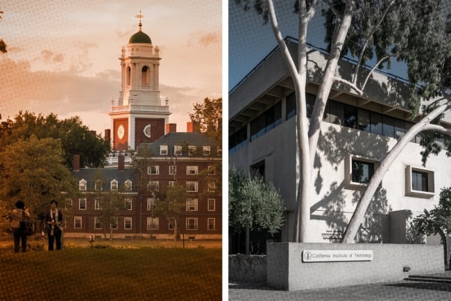 Two campuses, Harvard on the left and Caltech on the right, separated by a white line