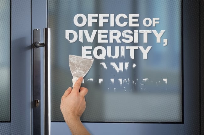 A person is scraping text that says “Office of Diversity, Equity and Inclusion” from a door.
