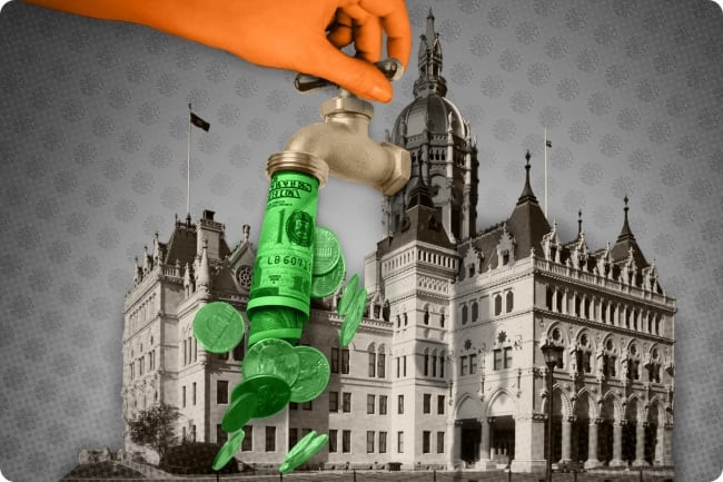 Image of a spigot on the side of the Connecticut state house with money pouring from its opening.