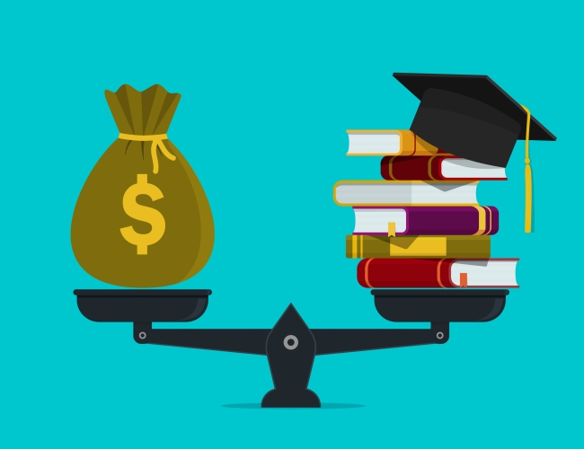 A picture of a balance scale with a sack of money on one side and a pile of textbooks and a graduation mortar board on the other.