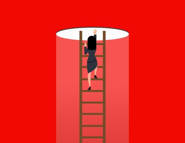 Woman climbing up ladder toward light emanating from a hole in the ceiling