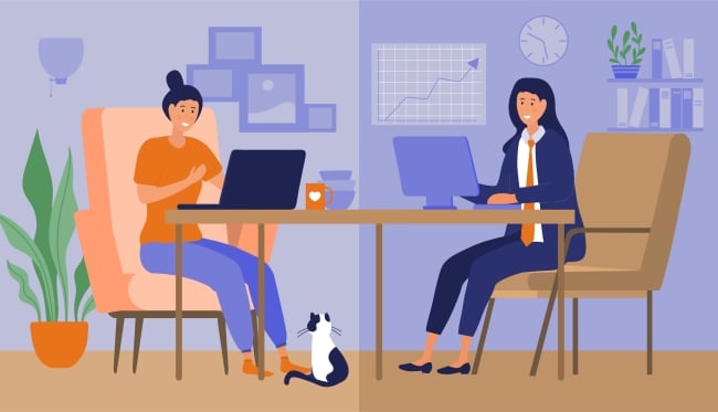 Split screen image of young woman working at her computer at home casually, on one side, and the same woman working on her computer in professional clothes at an office with a clock and graph on the wall, on the other side
