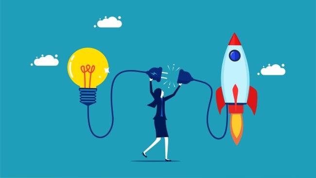 Woman plugs a lightbulb into a rocket ship taking off