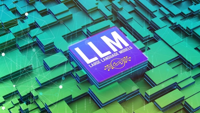 A graphic depicting a blue square featuring the words "LLM: Large Language Model" against a textured green background.