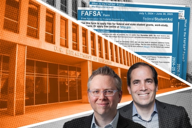 Two men's faces tranposed on a picture of a government building in orange