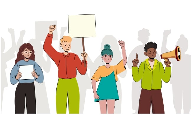 Crowd of different people at the demonstration. Angry dissatisfied man and woman are protesting with megaphone and placards with banners.