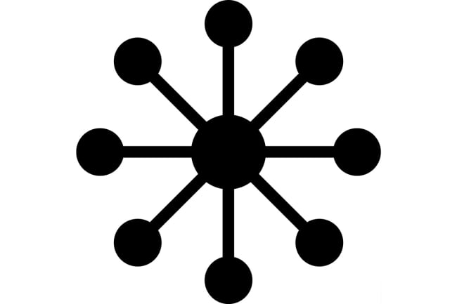 An icon depicting centralization: the icon features a central circle, from which eight lines and circles radiate outward, akin to the hub and spokes of a wheel.