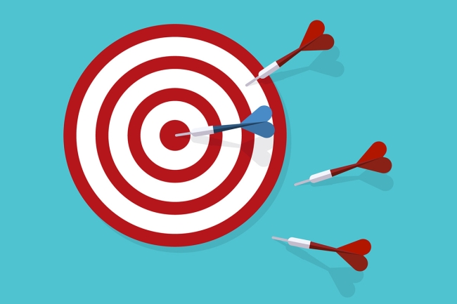 Bull's-eye with only one blue dart hitting center, with three missing or mostly missing it