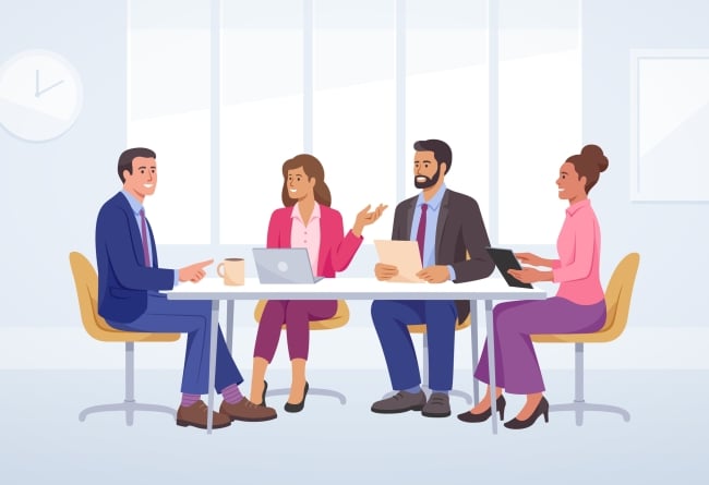 Illustration of a group of four diverse people sitting around a table happily engaged