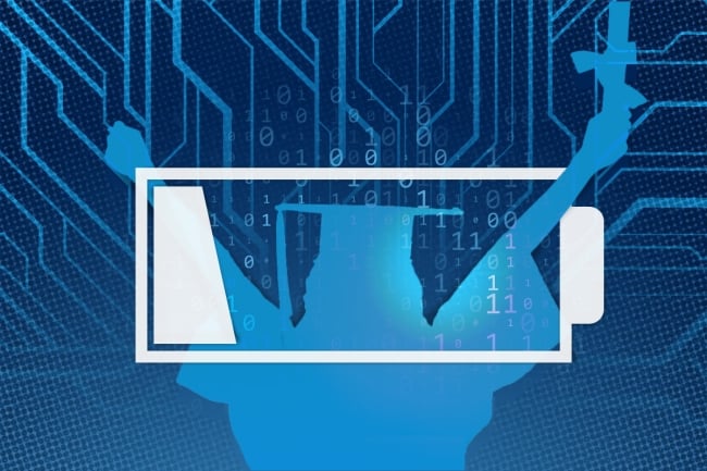 Silhouette of a person wearing a cap and gown and holding their hands above their head. There is a low battery symbol superimposed over the silhouette.