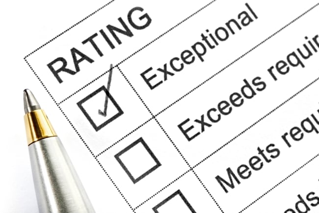 An image of a rating, or rubric, with the categories "exceptional," "exceeds requirements," "meets requirements," etc. "Exceptional" is checked.