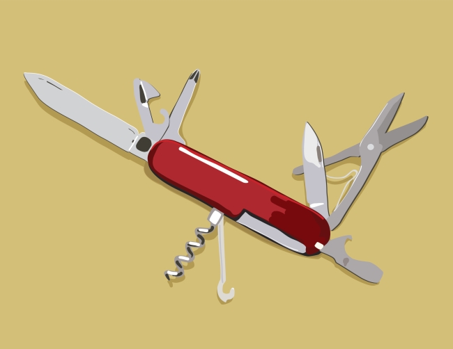 Illustration of open Swiss army knife on mustard-colored background
