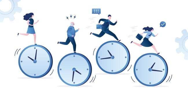 Two women and two men each run atop a clock (each clock with different times) as if in a race