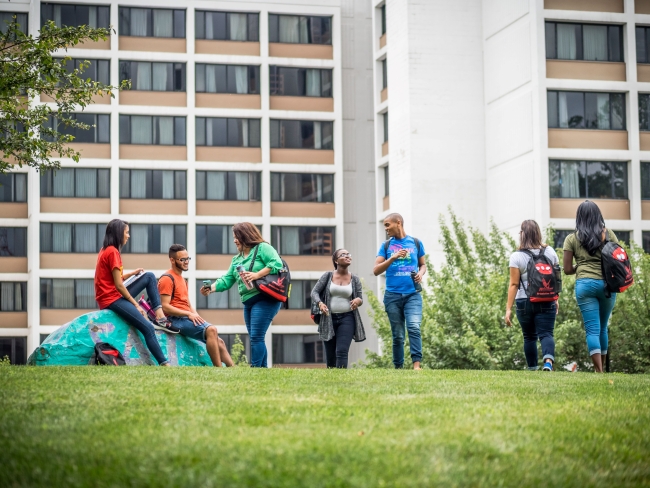 Students loiter on Montclair State University's campus