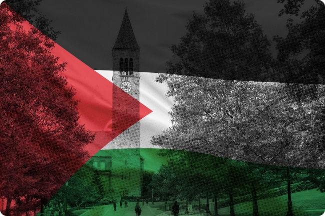 A photo illustration consisting of a photograph of Cornell University's campus with a Palestinian flag overlaid on it.