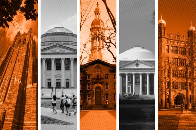 Five campus buildings from different colleges edited next to each other