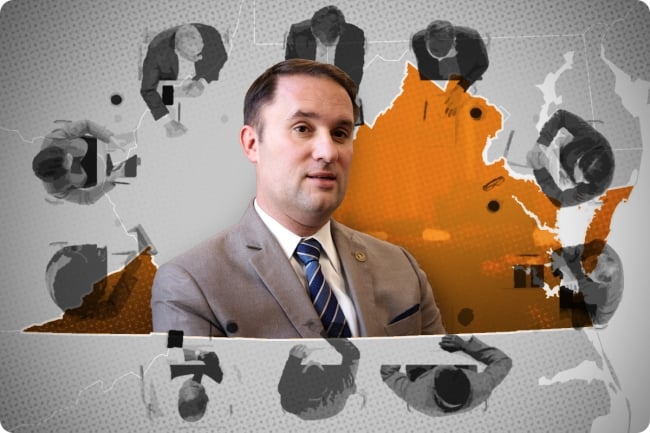 A photo illustration featuring a headshot of Virginia attorney general (and author of the accompanying op-ed) Jason S. Miyares in the middle, against a backdrop of a map of the commonwealth of Virginia, in orange. Around the map as if around a board table are stock images of nine board members.