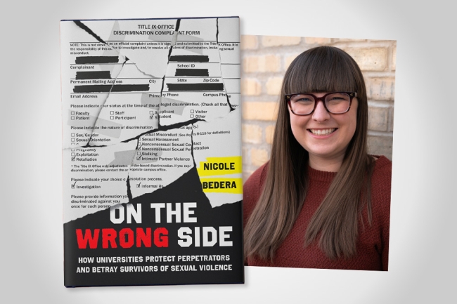 A book cover on the left and a picture of Nicole Bedera, a woman with glasses and brown hair, on the right.