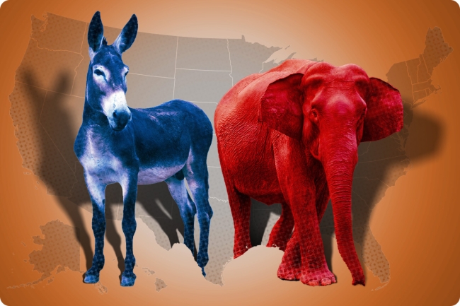 map, blue donkey, red elephant