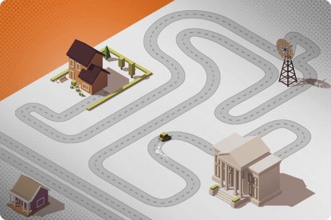 Illustration: A long, twisting road is shown between a house and college.