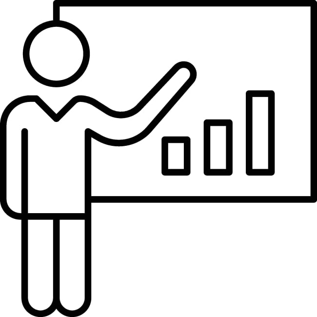 A spare, stick-figure like illustration of a male teacher pointing to slides with a bar graph.