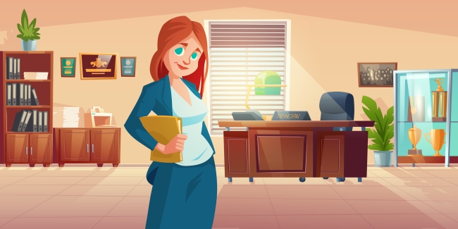 A cartoon-like drawing of a female dean, a stack of folders tucked under her arm, smiling confidently in her office.