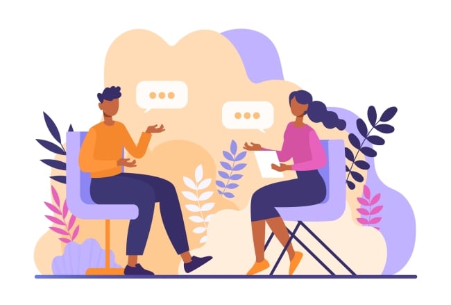 A purple- and orange-hued illustration of two colleagues sitting in desk chairs talking amicably with each other. 