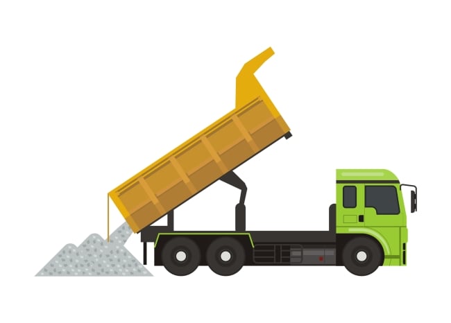 An illustration of a green and yellow dump truck dumping a load of a gravel-like substance.