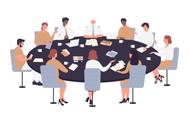 An illustration of 10 people gathered for a meeting around a round table, as they might be if engaged in faculty committee work.