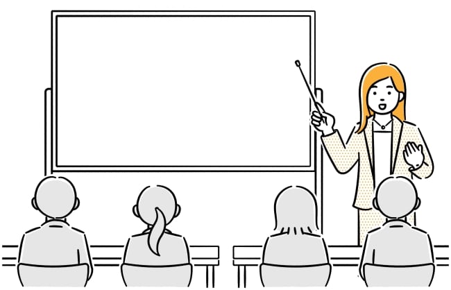 An illustration of a female lecturer next to a whiteboard explaining a concept to four students.