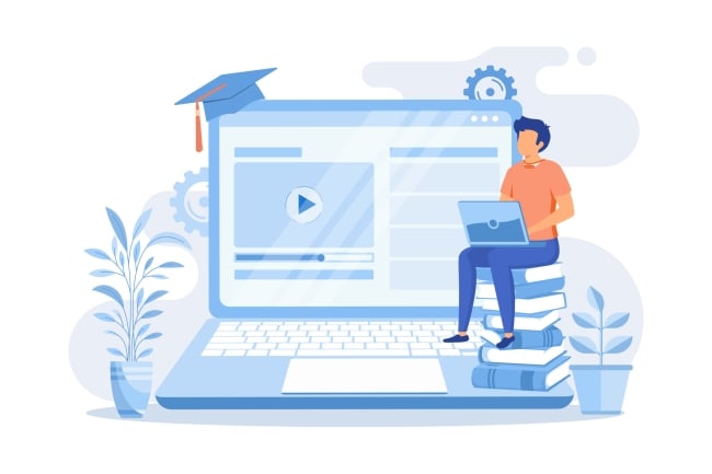 Illustration: A man sits on an oversize laptop, which has a graduation cap perched on a corner of its screen. There are plants surrounding the laptop.